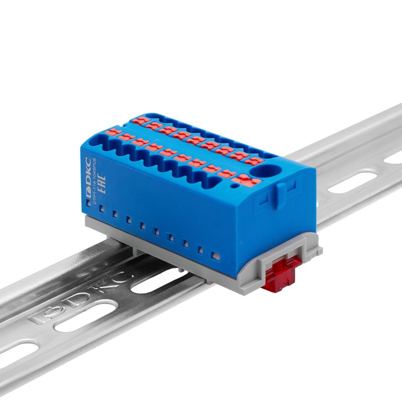 Блок распределительный с вертикал. адаптером на рейки шир. 15/35мм зажим push-in 1 ввод 6кв.мм 18 точек подключения 2.5кв.мм син. DKC DTP1-118-104SPUB-V