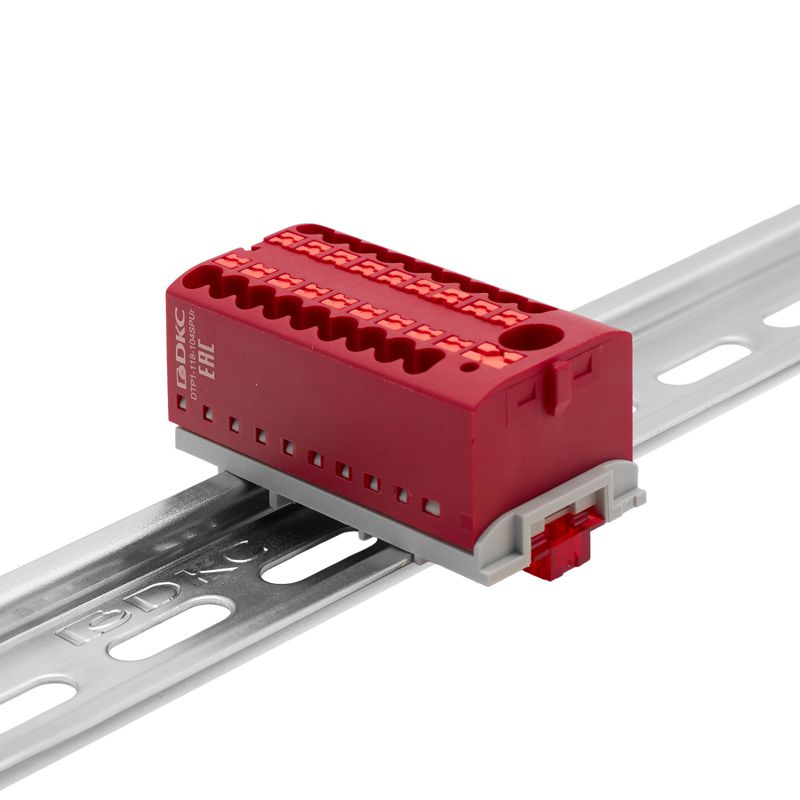 Блок распределительный с вертикал. адаптером на рейки шир. 15/35мм зажим push-in 1 ввод 6кв.мм 18 точек подключения 2.5кв.мм красн. DKC DTP1-118-104SPUR-V