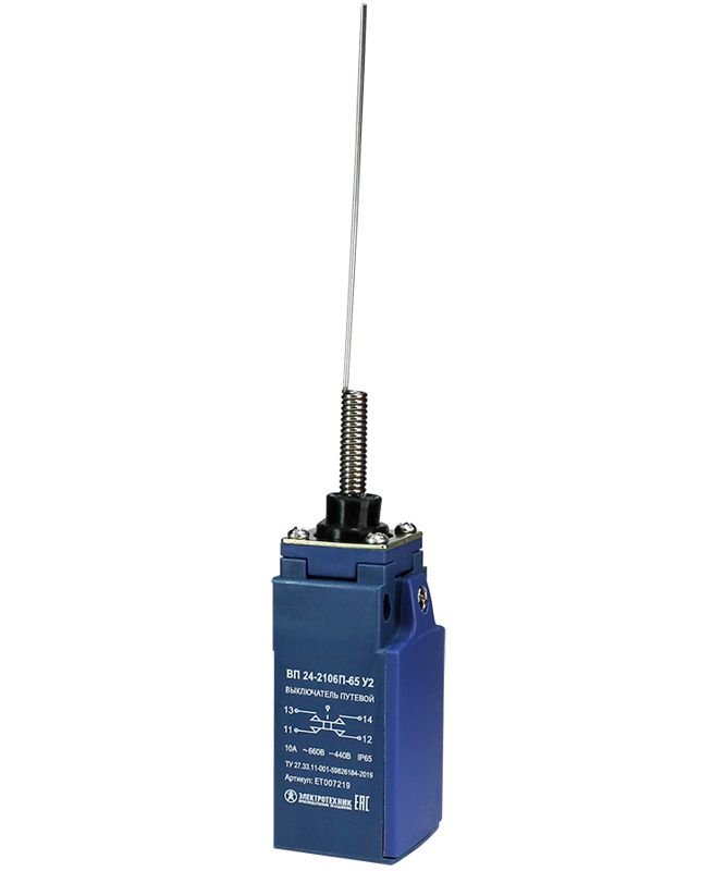 Выключатель путевой ВП 24-2106П-65 У2 1НО+1НЗ 3А IP65 рычаг пружинный "кошачий ус" безинерционный 20мм без сальника Электротехник ET007219