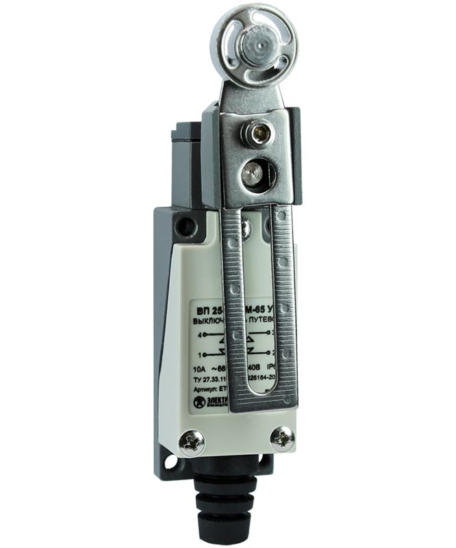 Выключатель путевой ВП 25-2143М-65 У2 1НО+1НЗ 3А IP65 рычаг со стальным роликом регулир. по длине безинерционный 21х56мм Электротехник ET007248