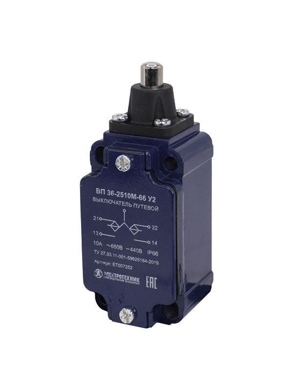 Выключатель путевой ВП 36-2510М-66 У2 1НО+1НЗ 3А IP66 толкатель инерционный 30х60мм без сальника Электротехник ET007252