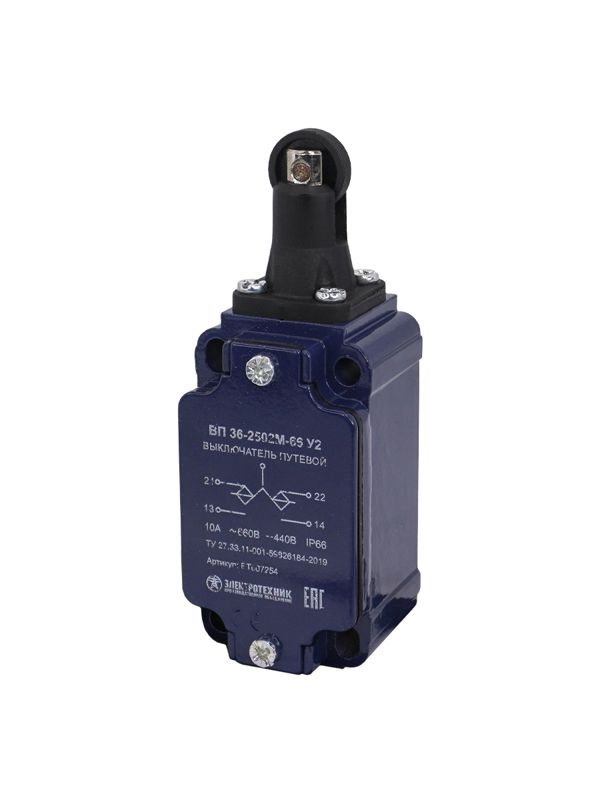 Выключатель путевой ВП 36-2502М-66 У2 1НО+1НЗ 3А IP66 толкатель с роликом инерционный 30х60мм без сальника Электротехник ET007254