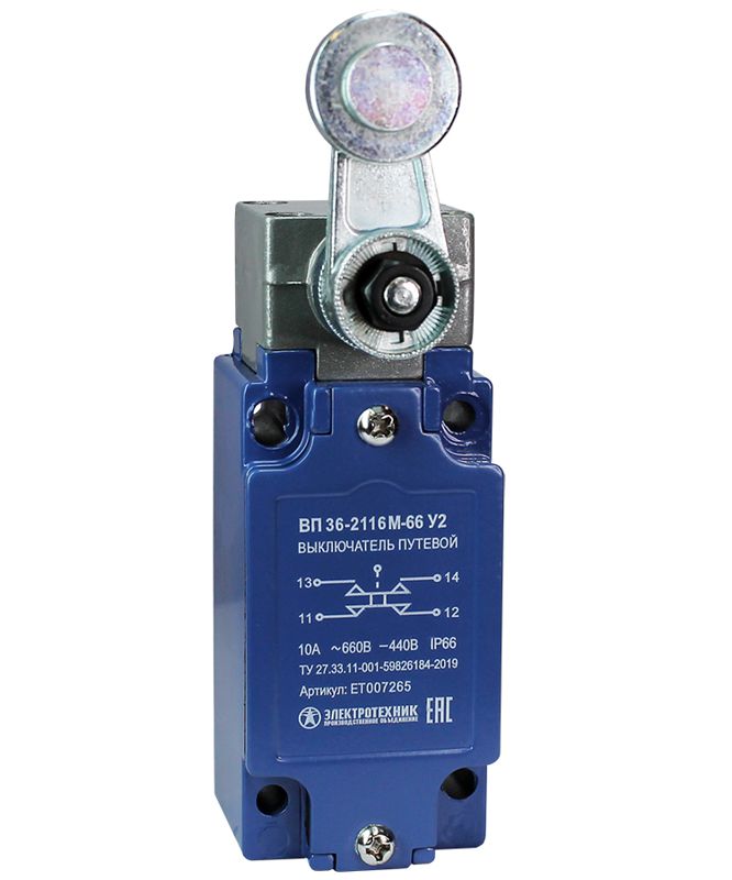 Выключатель путевой ВП 36-2116М-66 У2 1НО+1НЗ 3А IP66 рычаг со стальным роликом безинерционный 30х60мм без сальника Электротехник ET007265