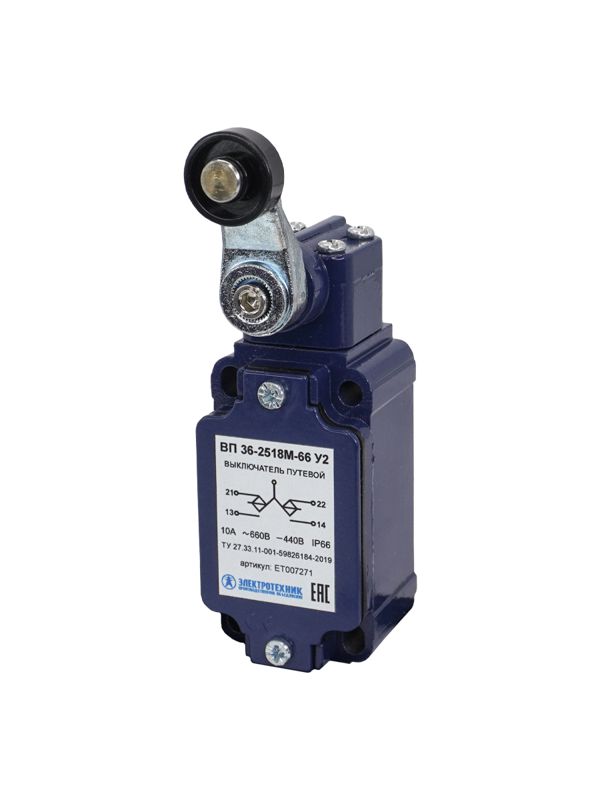 Выключатель путевой ВП 36-2518М-66 У2 1НО+1НЗ 3А IP66 рычаг с пластик. роликом инерционный 30х60мм без сальника Электротехник ET007271