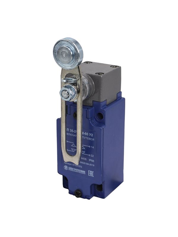 Выключатель путевой ВП 36-2143М-66 У2 1НО+1НЗ 3А IP66 рычаг со стальным роликом регулир. по длине безинерционный 30х60мм без сальника Электротехник ET007272