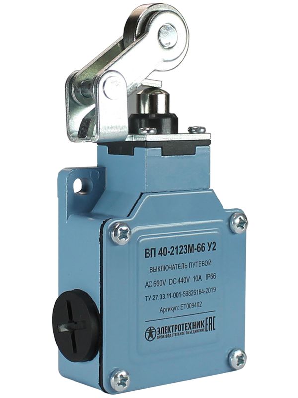 Выключатель путевой ВП 40-2123М-66 У2 1НО+1НЗ IP66 рычаг со стальным роликом горизонт. срабатывания мгновенный без сальника Электротехник ET009402