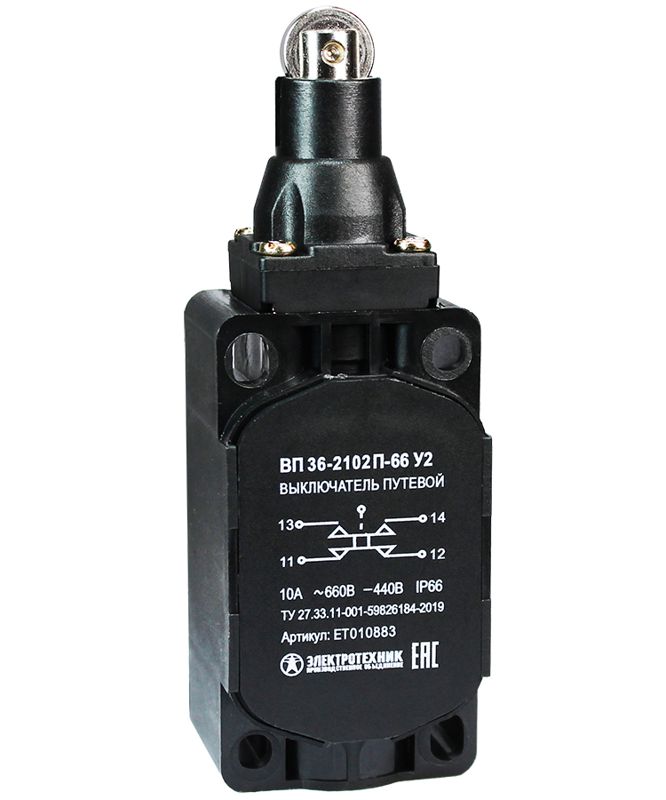 Выключатель путевой ВП 36-2102П-66 У2 1НО+1НЗ 3А IP66 толкатель с роликом безинерцион. 30х60мм без сальника Электротехник ET010883