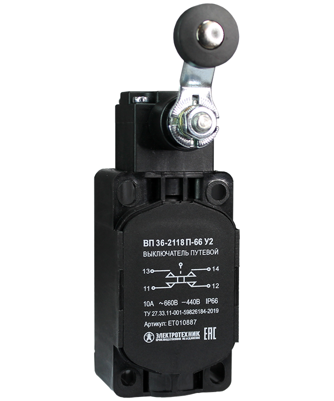 Выключатель путевой ВП 36-2118П-66 У2 1НО+1НЗ 3А IP66 рычаг с пластик. роликом безинерционный 30х60мм без сальника Электротехник ET010887