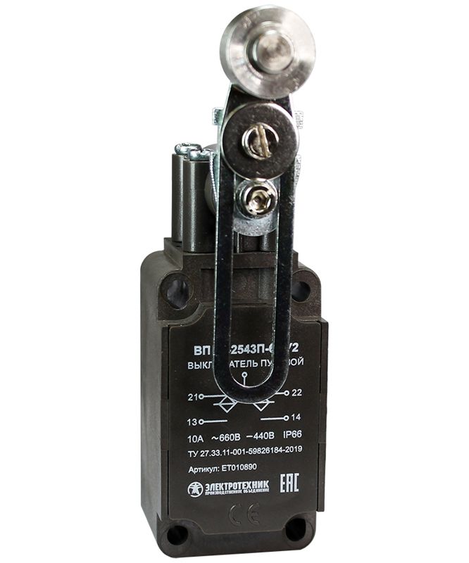 Выключатель путевой ВП 36-2543П-66 У2 1НО+1НЗ 3А IP66 рычаг со стальным роликом регулир. по длине инерционный 30х60мм без сальника Электротехник ET010890