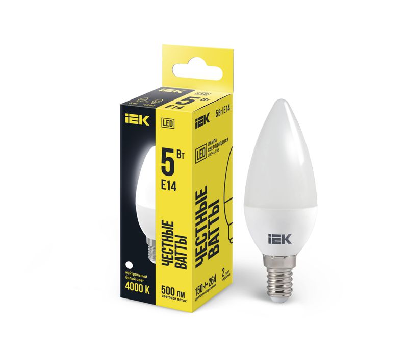 Лампа светодиодная 5Вт C35 свеча 4000К нейтр. бел. E14 450лм 230-240В IEK LLE-C35-5-230-40-E14