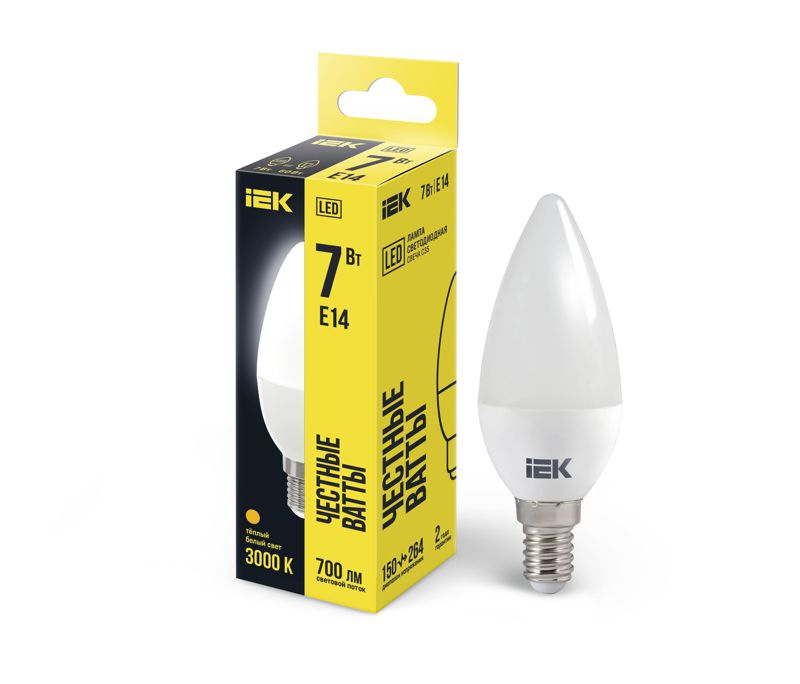 Лампа светодиодная C35 7Вт свеча 3000К E14 230В IEK LLE-C35-7-230-30-E14