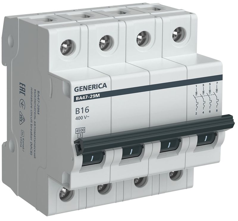 Выключатель автоматический модульный 4п B 16А 4.5кА ВА47-29М GENERICA MVA21-4-016-B-G