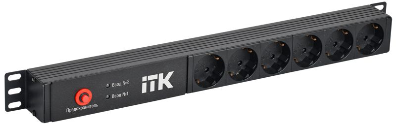 Блок распределения питания PDU с АВР 6 розеток Schuko 1U без шнура 2 вх. C14 ITK PH30-06D-41