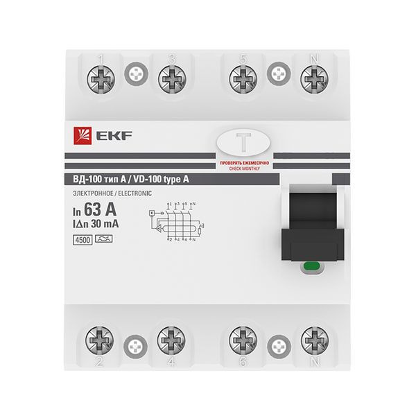 Выключатель дифференциального тока (УЗО) 4п 63А 30мА тип A ВД-100 электрон.PROxima EKF elcb-4-63-30-e-a-pro