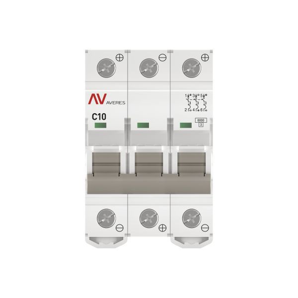 Выключатель автоматический модульный 3п C 10А 6кА AV-6 AVERES EKF mcb6-DC-3-10C-av