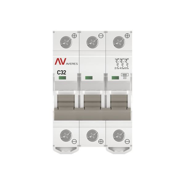 Выключатель автоматический модульный 3п C 32А 6кА AV-6 AVERES EKF mcb6-DC-3-32C-av