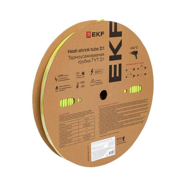 Трубка термоусадочная ТУТ нг 6/3 желт./зел. (уп.100м) EKF tut-6-yg